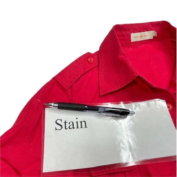 Tory Burch Linen Button Up Roll Tab Sleeve Shirt Carnival Red - Picture 7 of 9